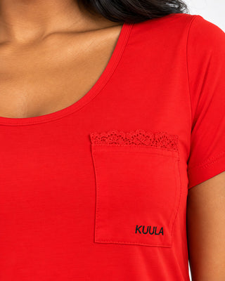 Close-up of Adrenaline Rush Kuula Nightie pocket, black KUULA embroidery and lace detail